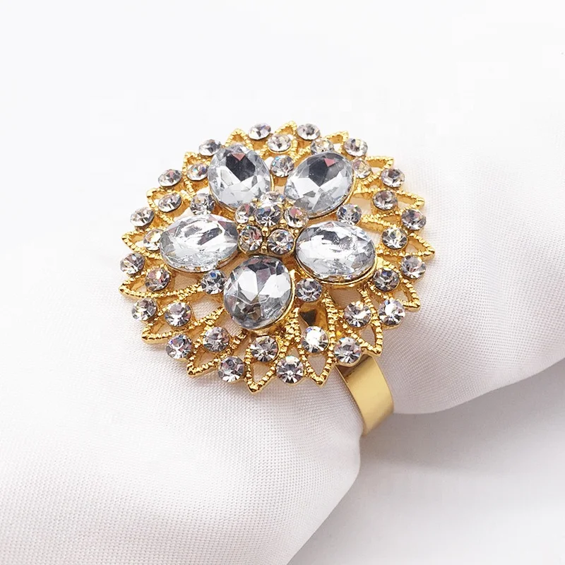 Elegant Table Decoration Glass Rhinestone Gold Bridal Wedding Floral Napkin Ring