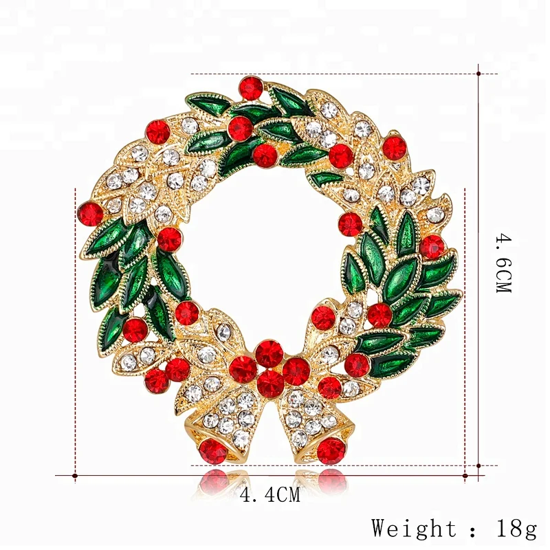 Factory Enamel Crystal Red Rhinestone Christmas Wreath Brooch with Hang Bell