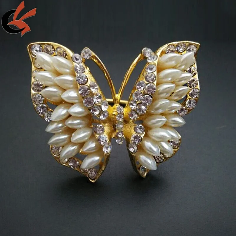 wholesale gold butterfly rhinestone pearl napkin ring for table decoration