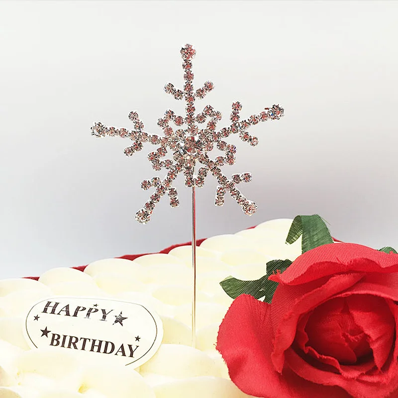Hot sale Metal 6cm Silver snowflake happy birthday wedding cake topper