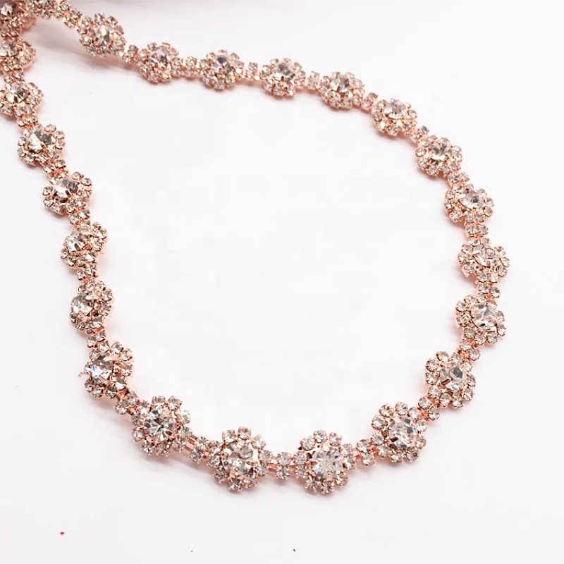 Fashion Rose Gold Rhinestone Crystal Clear Rhinestone Chain Trimmings For Bridal Dress Decoration
