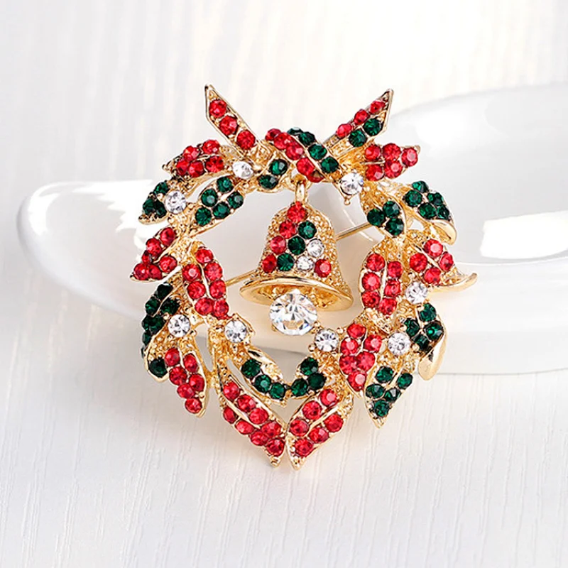 Merry Christmas Hanging Bell Wreath Brooch Pins for Decoration