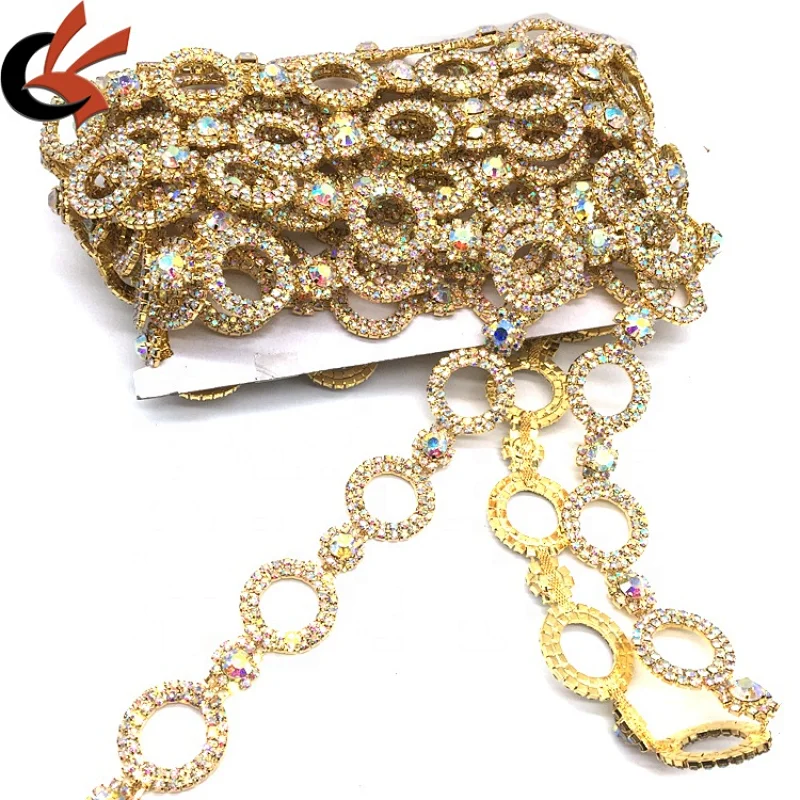 Solid Metal Rhinestone Round AB Crystal Trims Bridal Wedding Cake Decoration Gold Plating Chain Trims