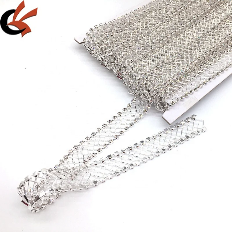 Wholesale fashion crystal mesh design silver decorative rhinestone fabric trim