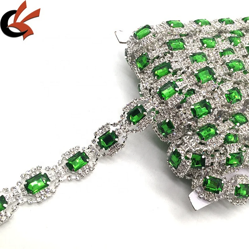 Customs Rhinestone Decoration Sew on Olive Green Chain Trims For Wedding Dancing Dress