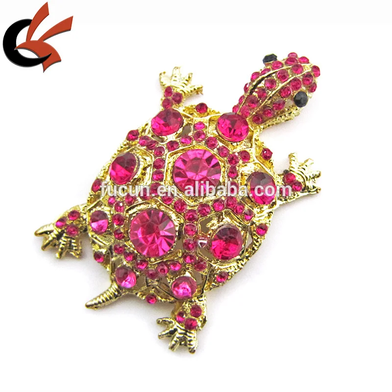 Vintage Fuchsia Gold Tone Rhinestone Turtle Brooch Pin