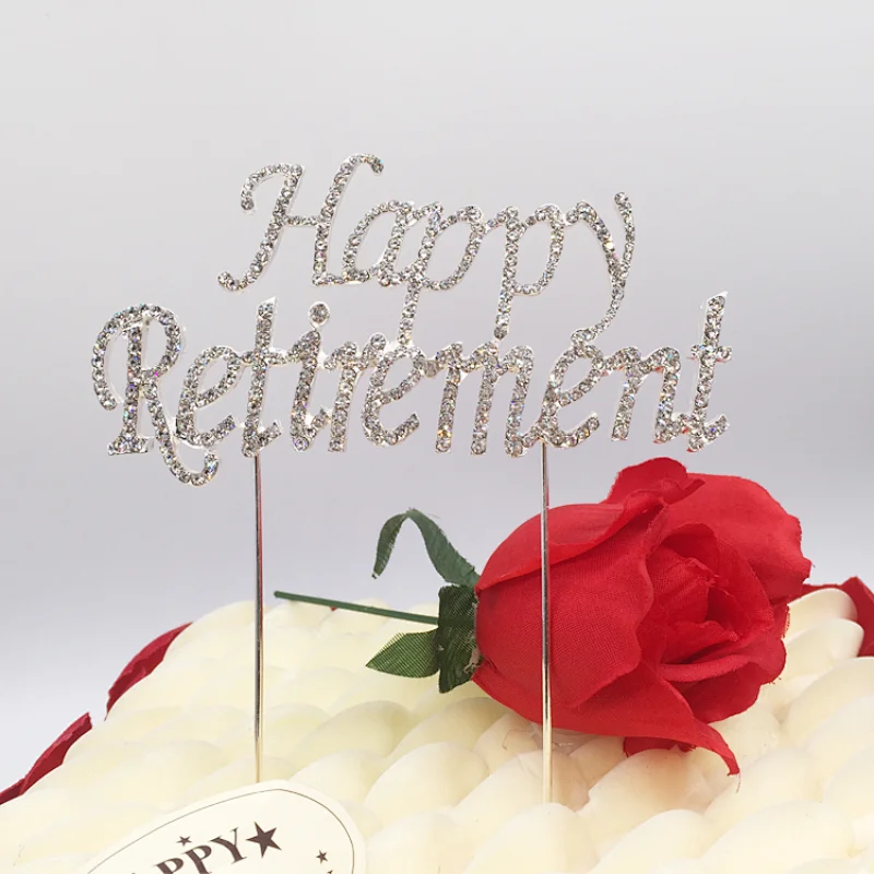 2018 new party products gold/siver rhinestone happy retirement cake topper for copmany employee celebration