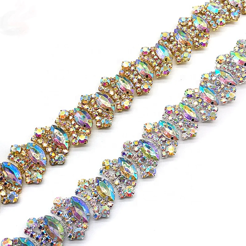 Factory supply Show Costume Applique AB Clear Glass Rhinestone GOLD Trim