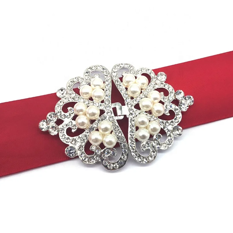 heart shape rhinestone and pearl pair buckles for wedding invitation silk box