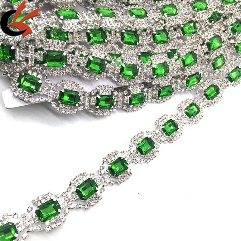 Customs Rhinestone Decoration Sew on Olive Green Chain Trims For Wedding Dancing Dress