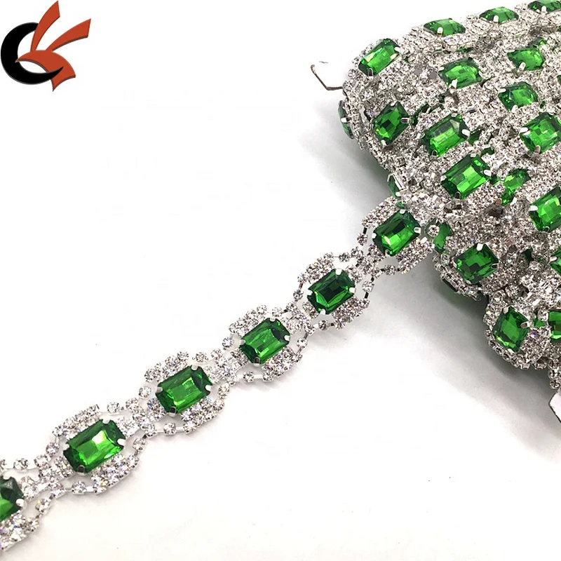 Customs Rhinestone Decoration Sew on Olive Green Chain Trims For Wedding Dancing Dress