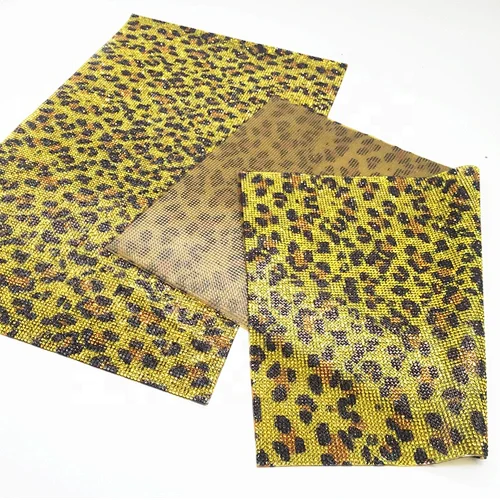 Custom rhinestone citrine yellowish leopard print heat transfer mesh hot fix rhinestone gold sheet for clothing