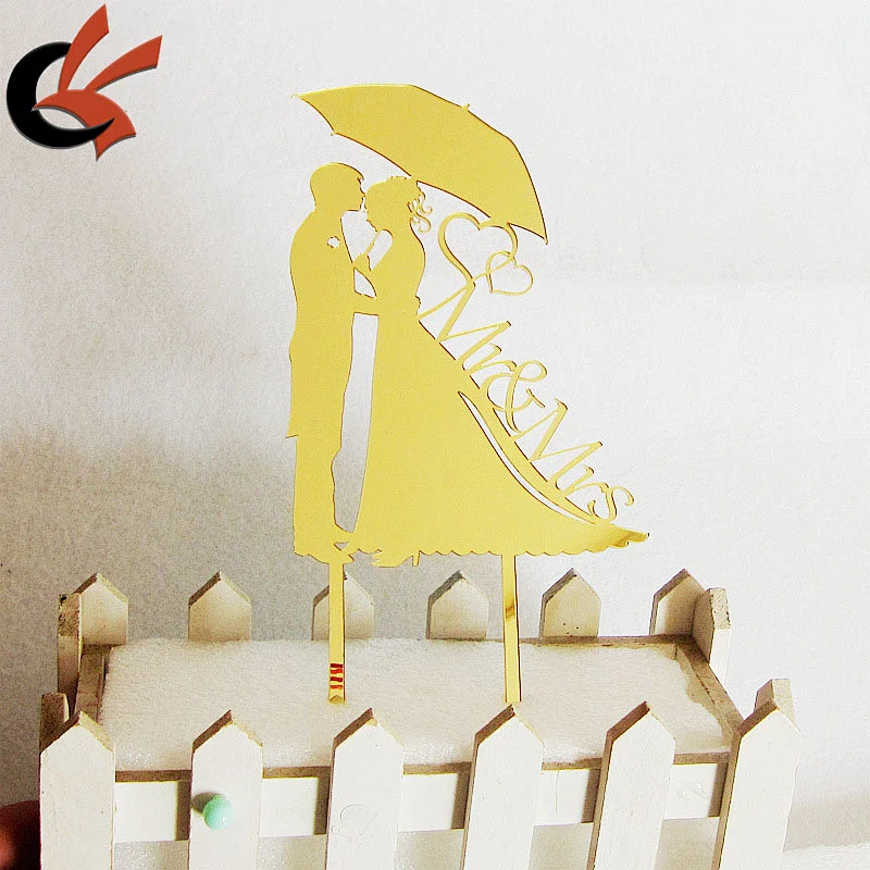 Gold Laser Cut Mr & Mrs Bride and Groom Acrylic Wedding Couple Cake Topper