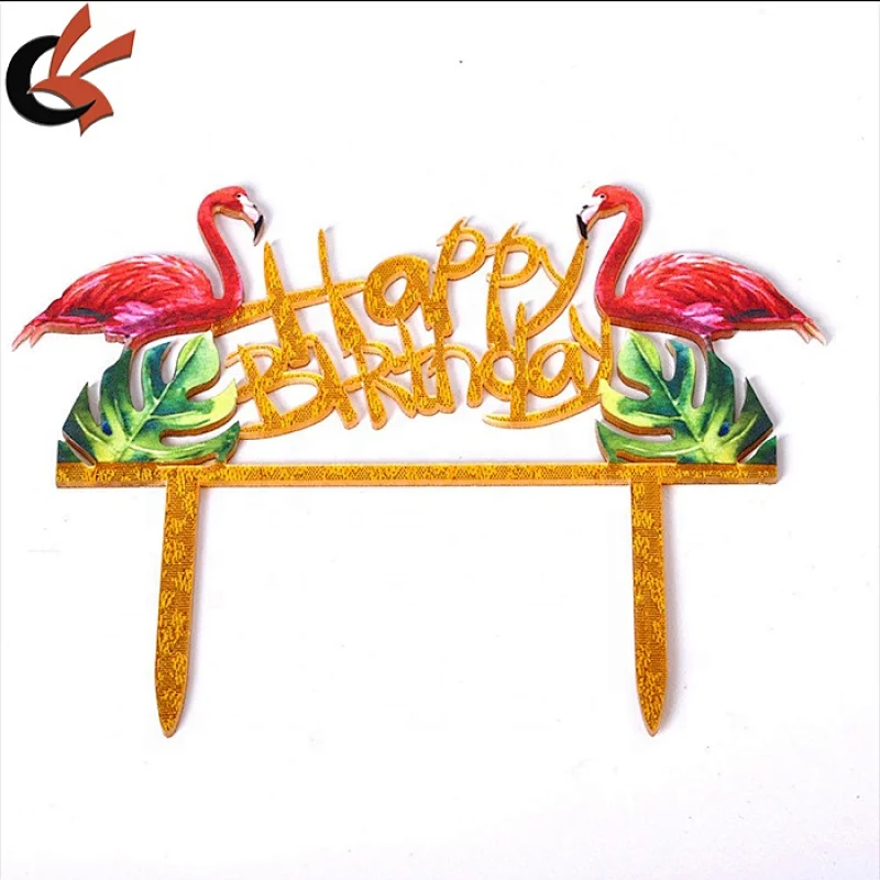 New Arrival Color Printing Flamingo Happy Birthday Acrylic Cake Topper