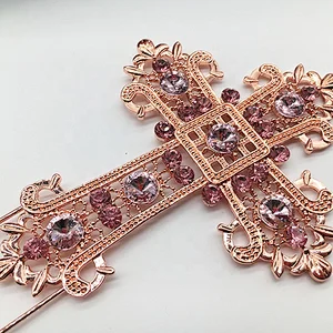 Customized 2020 new style rose gold plating metal with crystal cross cake topper for party