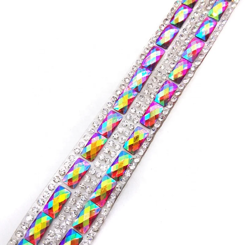 Iron On Red AB Baguette Resin Trimming appliques Carnival costume hot fix crystal