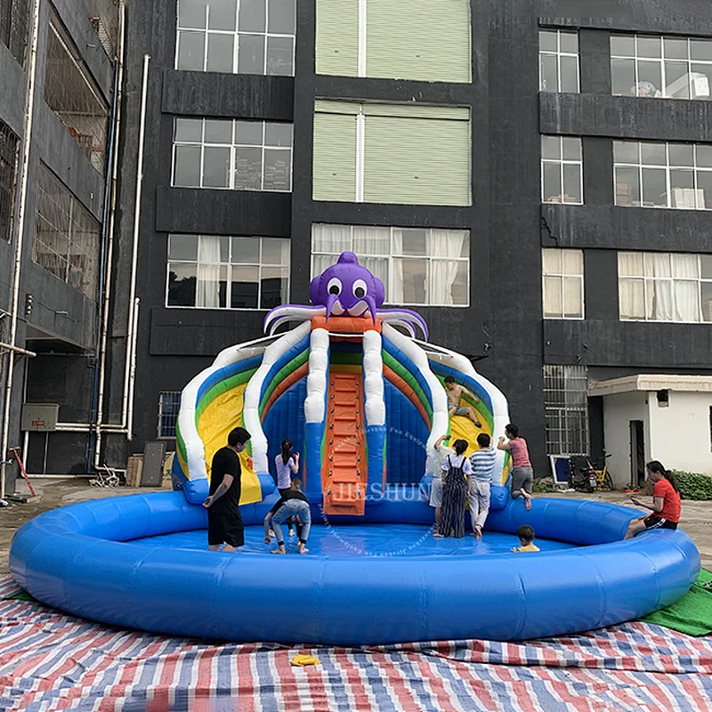 Customized design double lane devilfish octopus inflatable slide with water pool water park games
