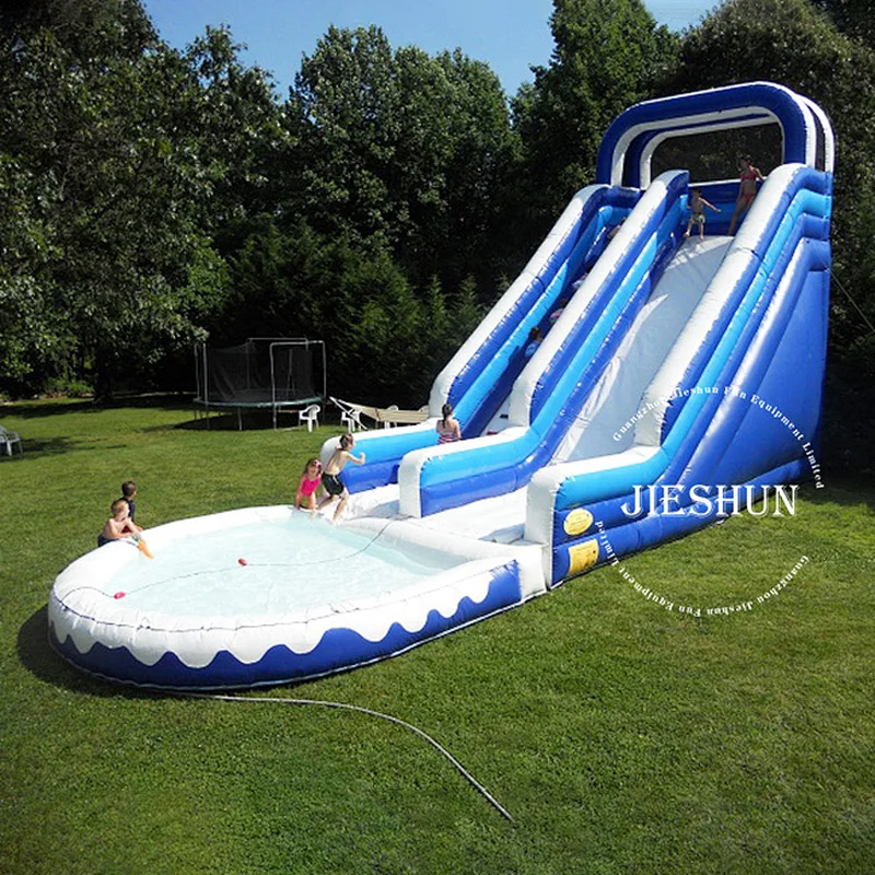 Commercial large PVC blue and white kids lip and slide inflatable water slide with swimming pool for rent