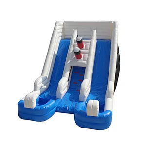 factory price huge Blue and white double lanes inflatable fire truck slide water pool slide for kids and adults