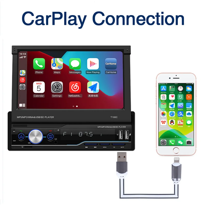 7'' Touchscreen Retractable Car Mp5 player with Carplay 1 Din Autoradio Stereo Audio Video Player System