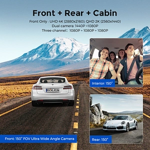 3 Channel Car Black Box Dash Cam 4K Car DVR 64GB/128GB eMMC Storage built-in APP WiFi GPS 1080P Front Cabin Rear 3 Cameras