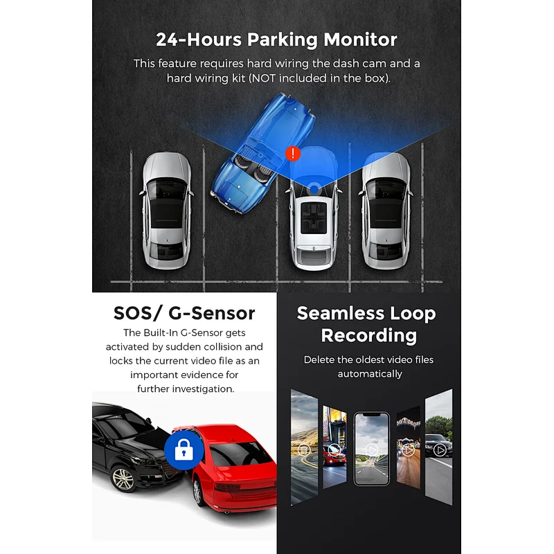 AZDOME Dash Cam 3inch Car Driving Recorder Camera Night Vision Park Monitor G-Sensor Loop Recording
