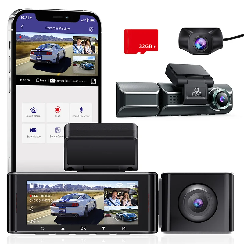 4K 3 Channel Dash Cam 3 Lens Car Dash Camera Front Inside Rear Car Black Box