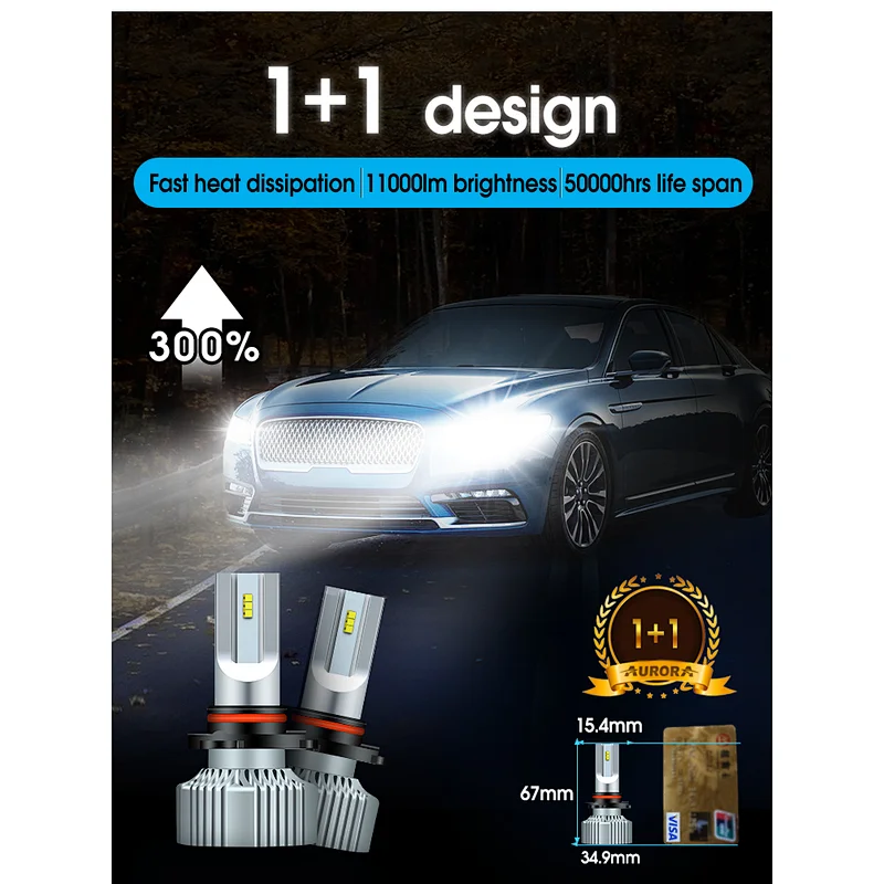 Aurora Patent 1+1 Design V5 5700K ZES Chip 11000LM  Fanless Heatsink  9006 H7 H4 9005 Car Led Headlight Bulb