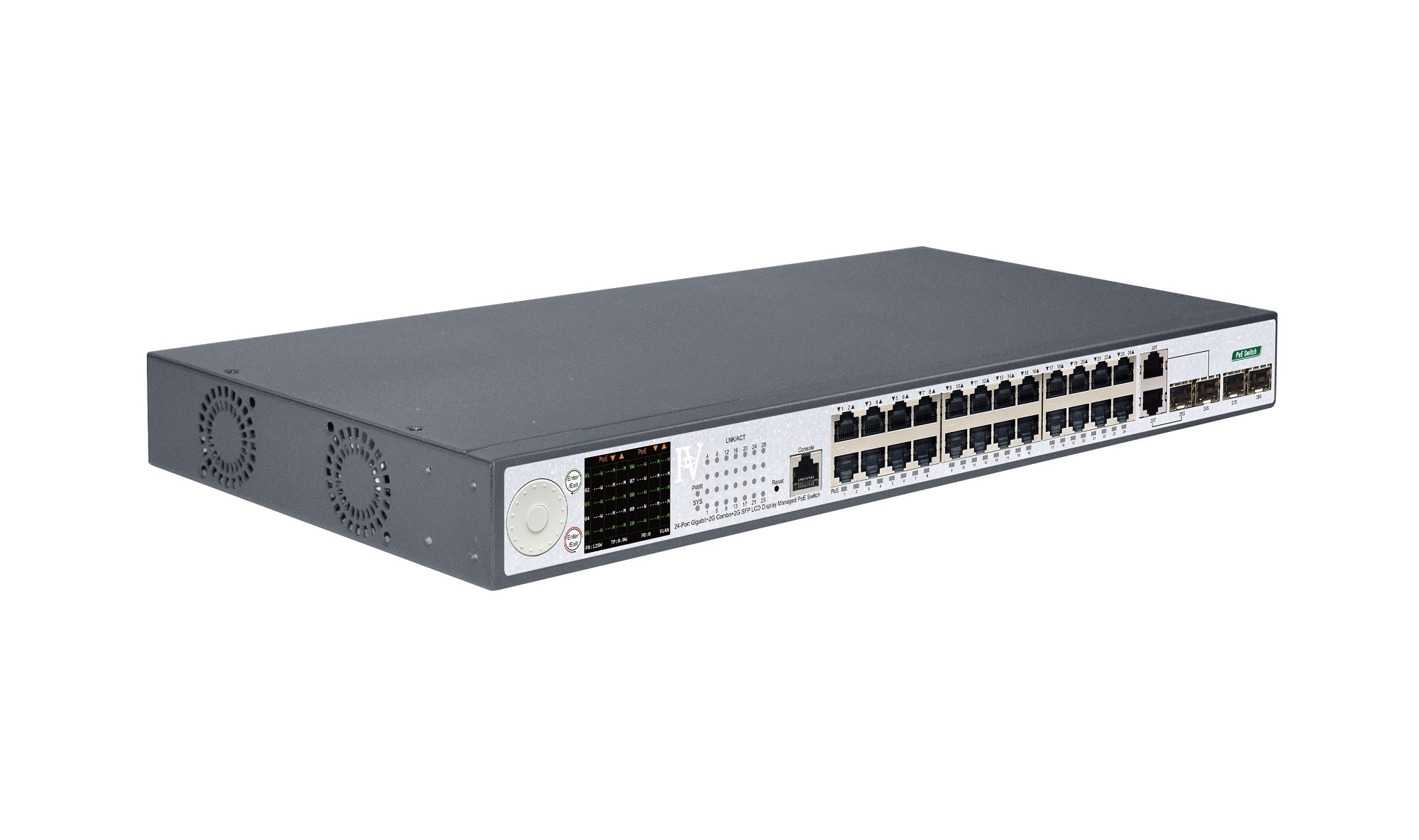 24-Port Gigabit+2G Combo+2G SFP+1Console LCD Display Managed PoE Switch(24-Port PoE, Support 802.3af/at Standard)