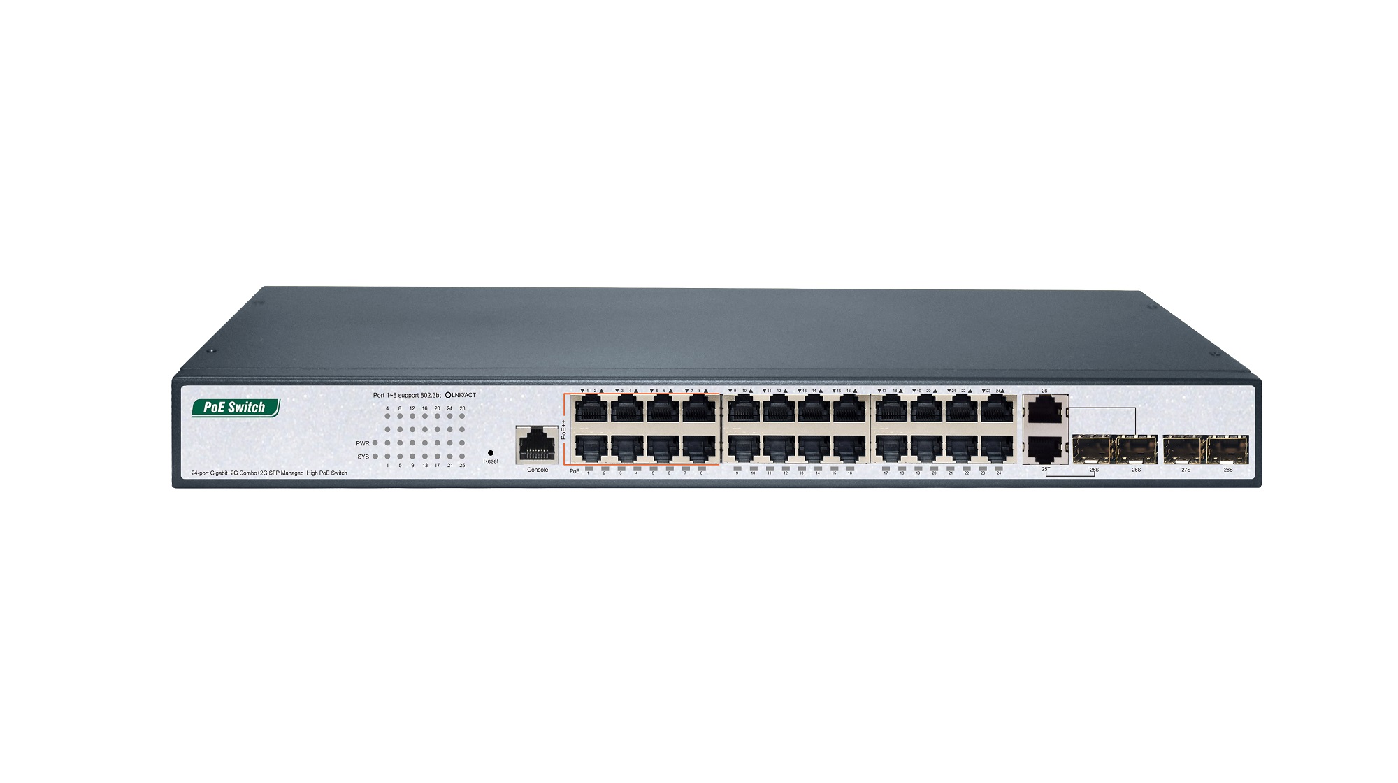 24-Port Gigabit+2G Combo+2G SFP+1Console Managed High PoE Switch