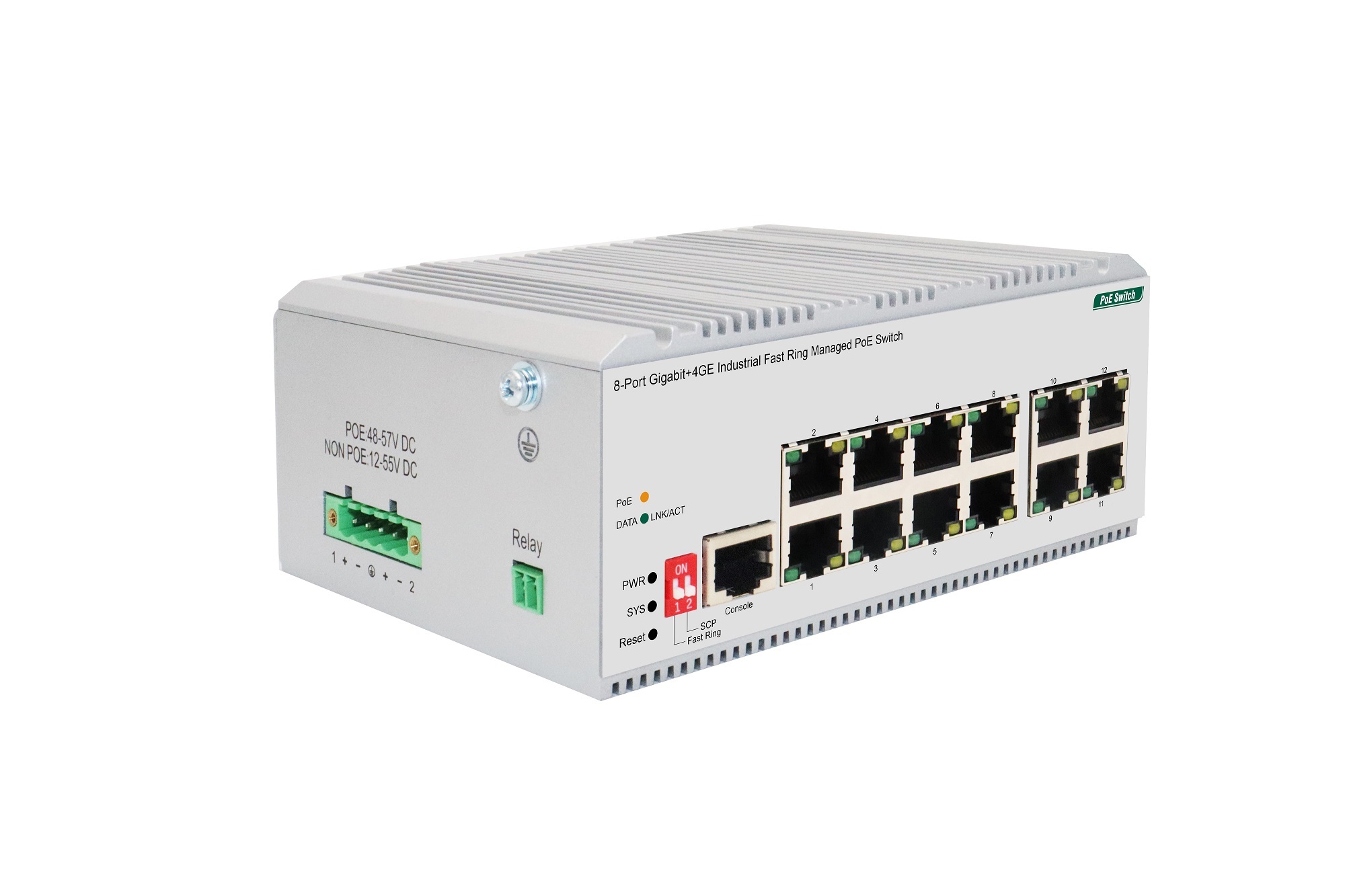 8-Port Gigabit +4GE Industrial Fast Ring Managed PoE Switch