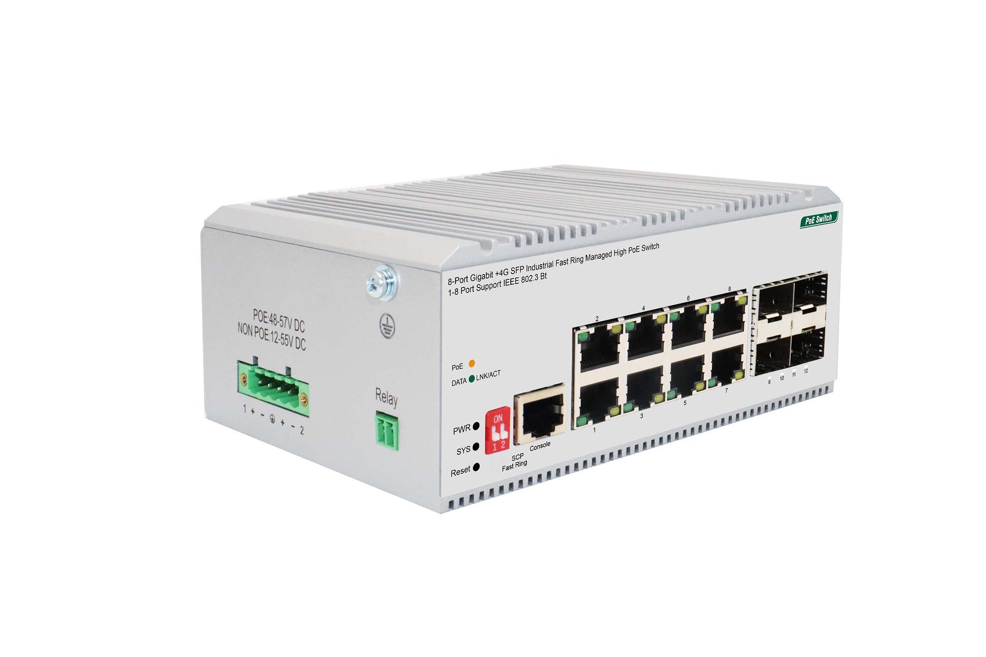 8-Port Gigabit +4G SFP Industrial Fast Ring Managed PoE Switch