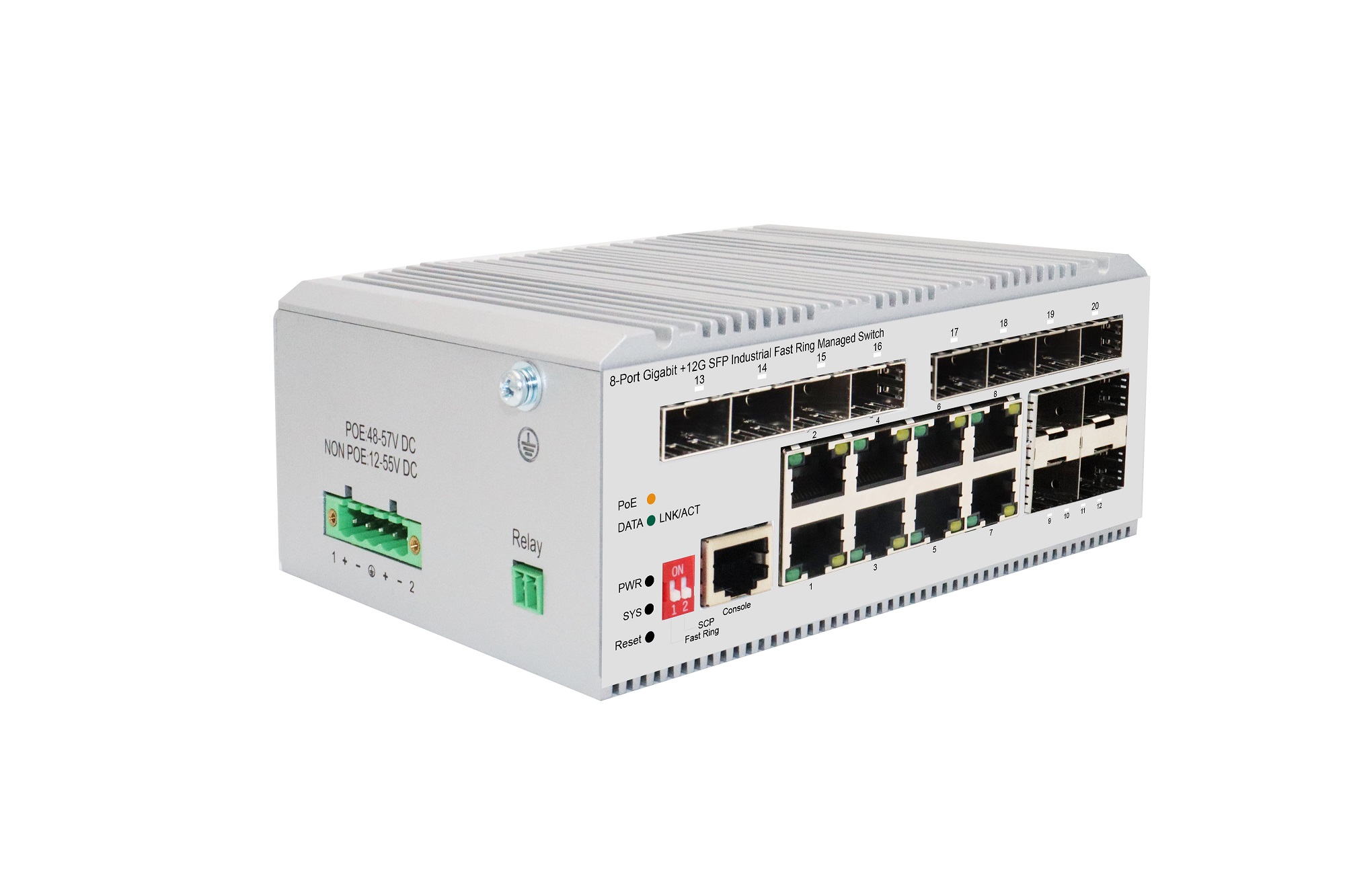 8-Port Gigabit +12G SFP Industrial Fast Ring Managed PoE Switch