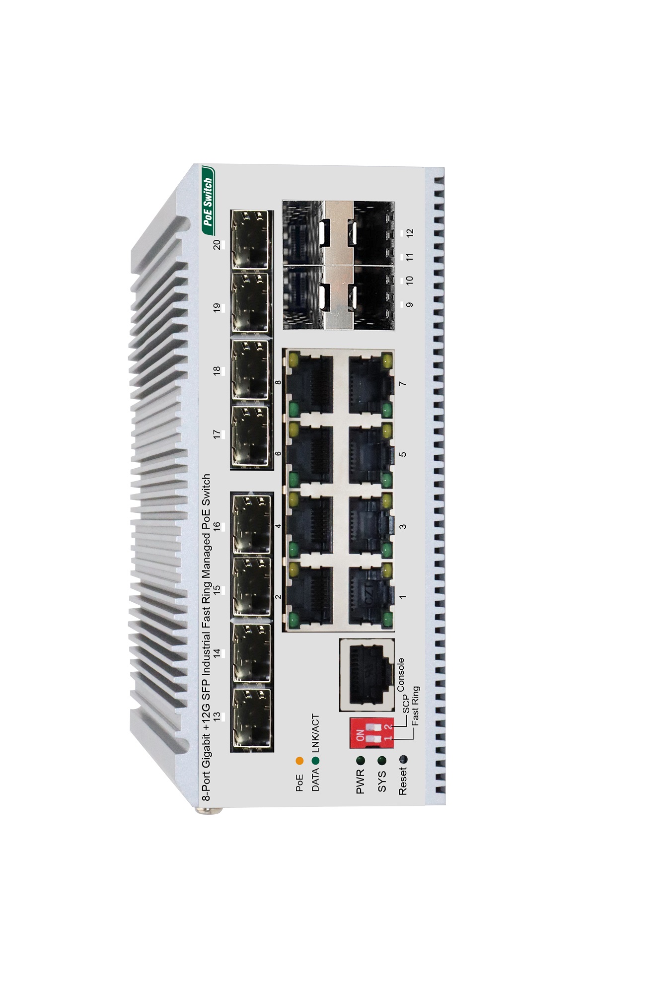 8-Port Gigabit +12G SFP Industrial Fast Ring Managed PoE Switch