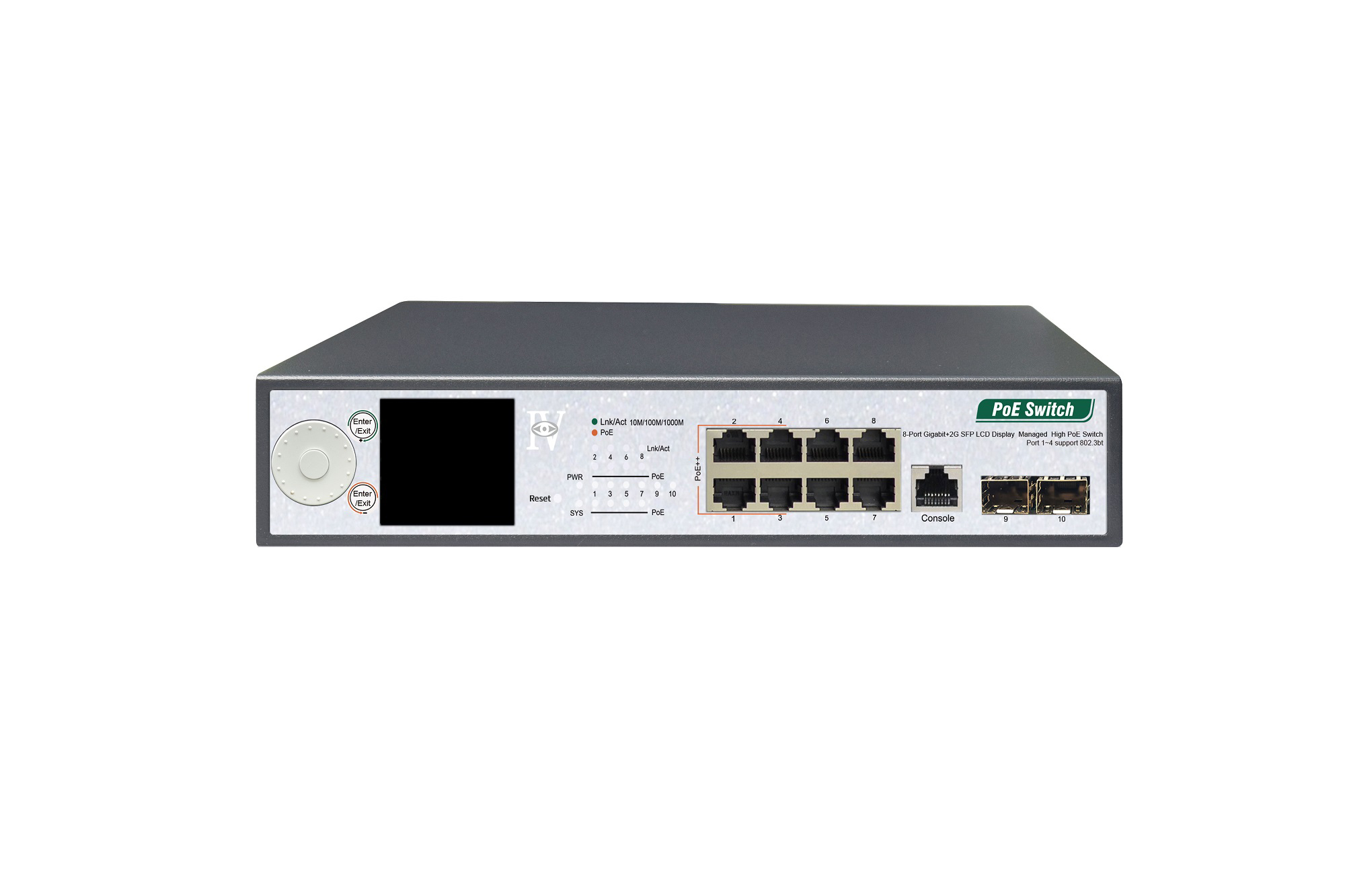 8-Port Gigabit+2G SFP+1Console LCD Display Managed High PoE Switch（8-Port PoE，Port1-4 Support 802.3af/at/bt , Port5-8 Support 802.3af/at Standard）