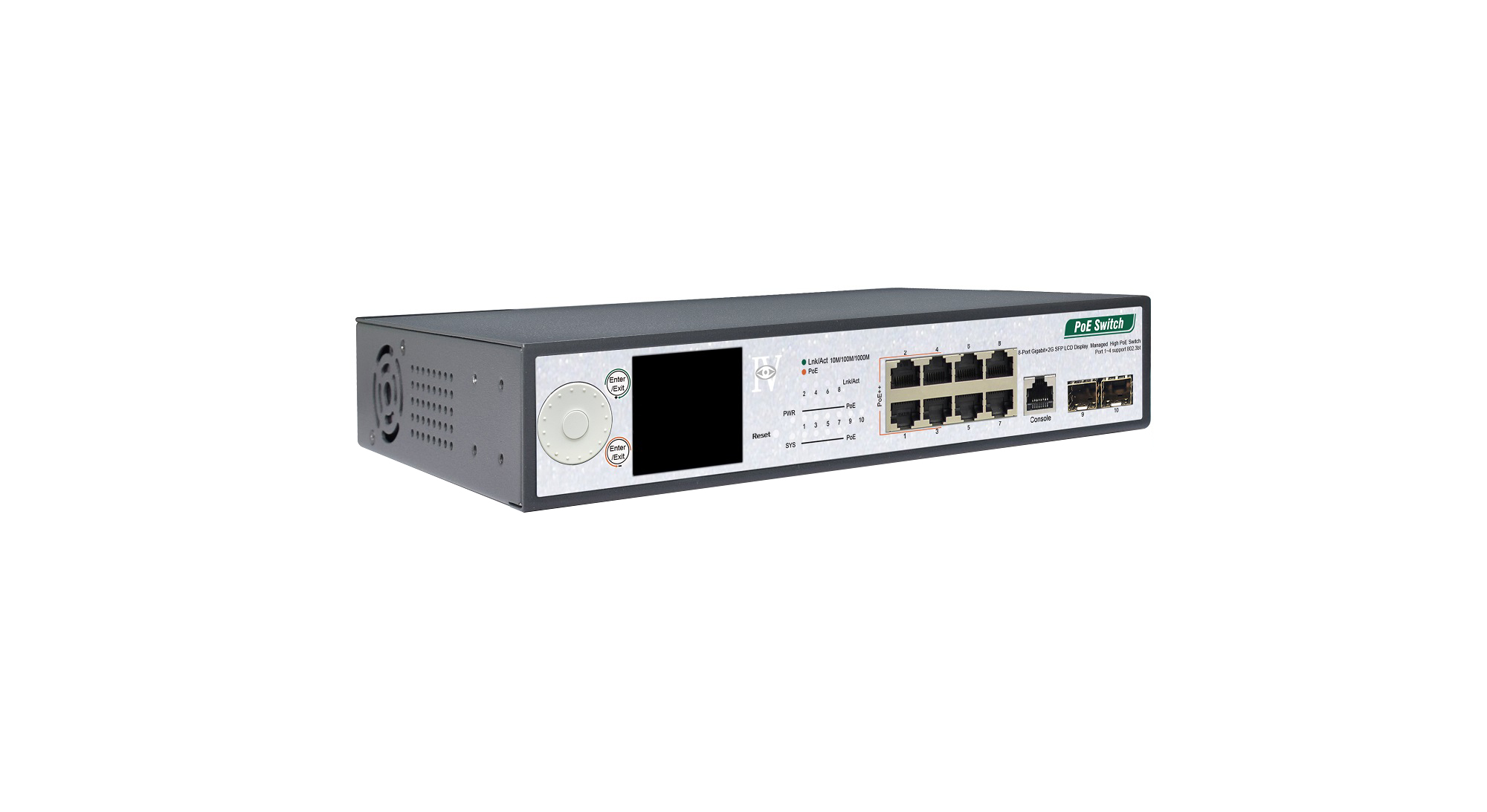 8-Port Gigabit+2G SFP+1Console LCD Display Managed High PoE Switch（8-Port PoE，Port1-4 Support 802.3af/at/bt , Port5-8 Support 802.3af/at Standard）