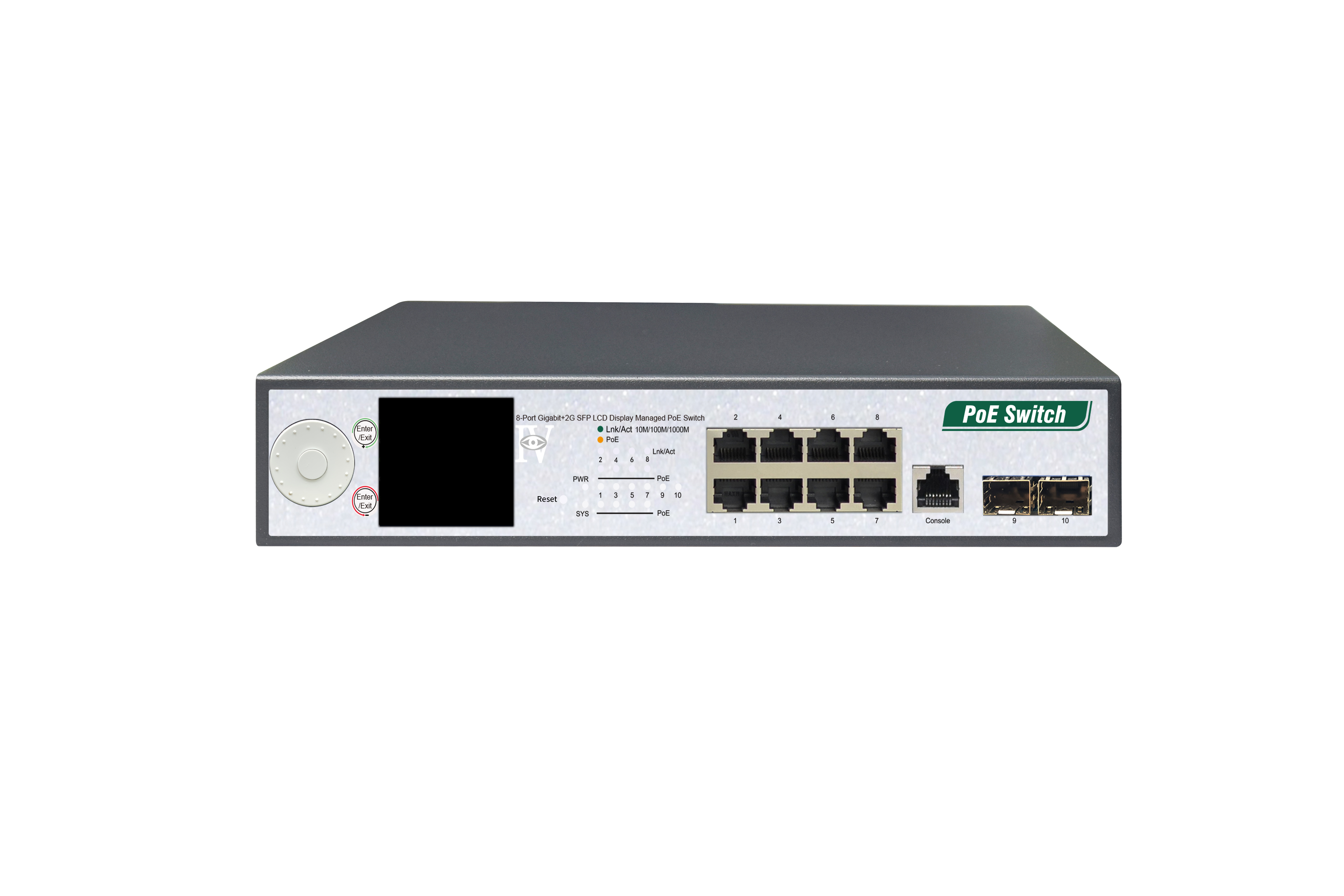 8-Port Gigabit+2G SFP+1Console LCD Display Managed PoE Switch（8-Port PoE，Support 802.3af/at Standard）