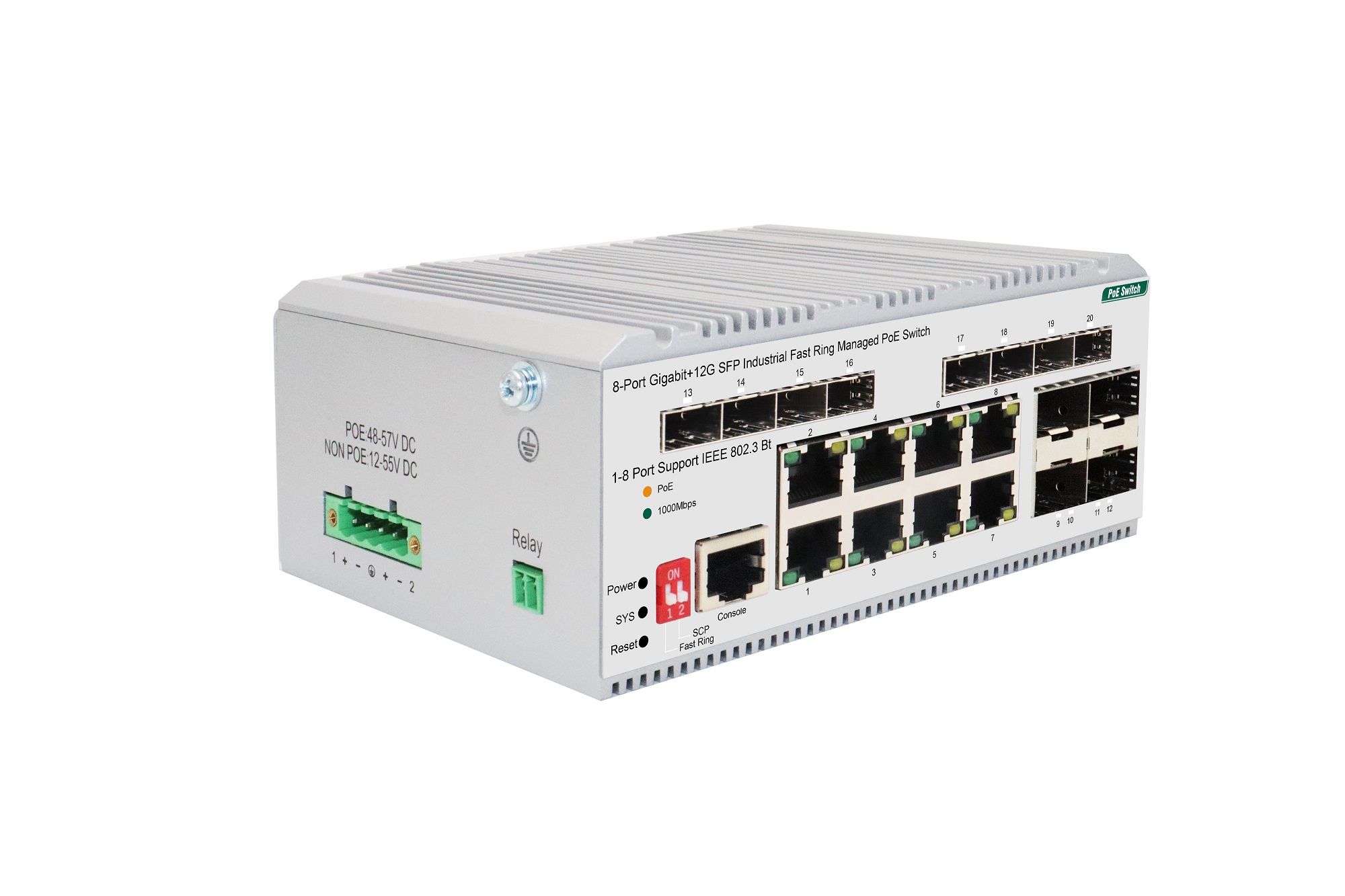 8-Port Gigabit +12G SFP Industrial Fast Ring Managed High PoE Switch(1-8 Port Support IEEE 802.3 Bt)