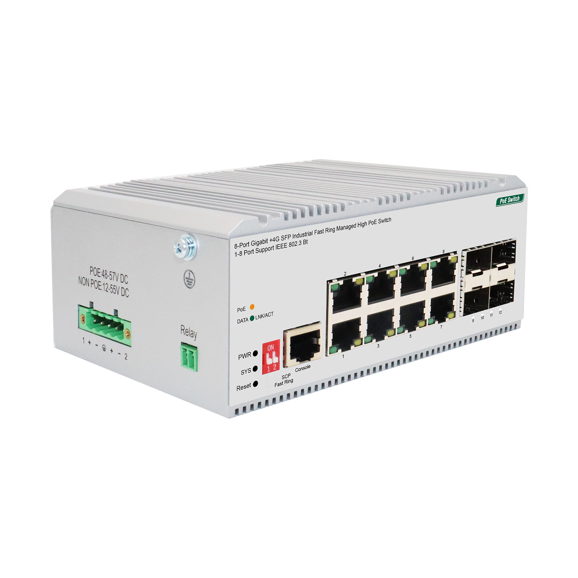 8-Port Gigabit +4G SFP Industrial Fast Ring Managed High PoE Switch