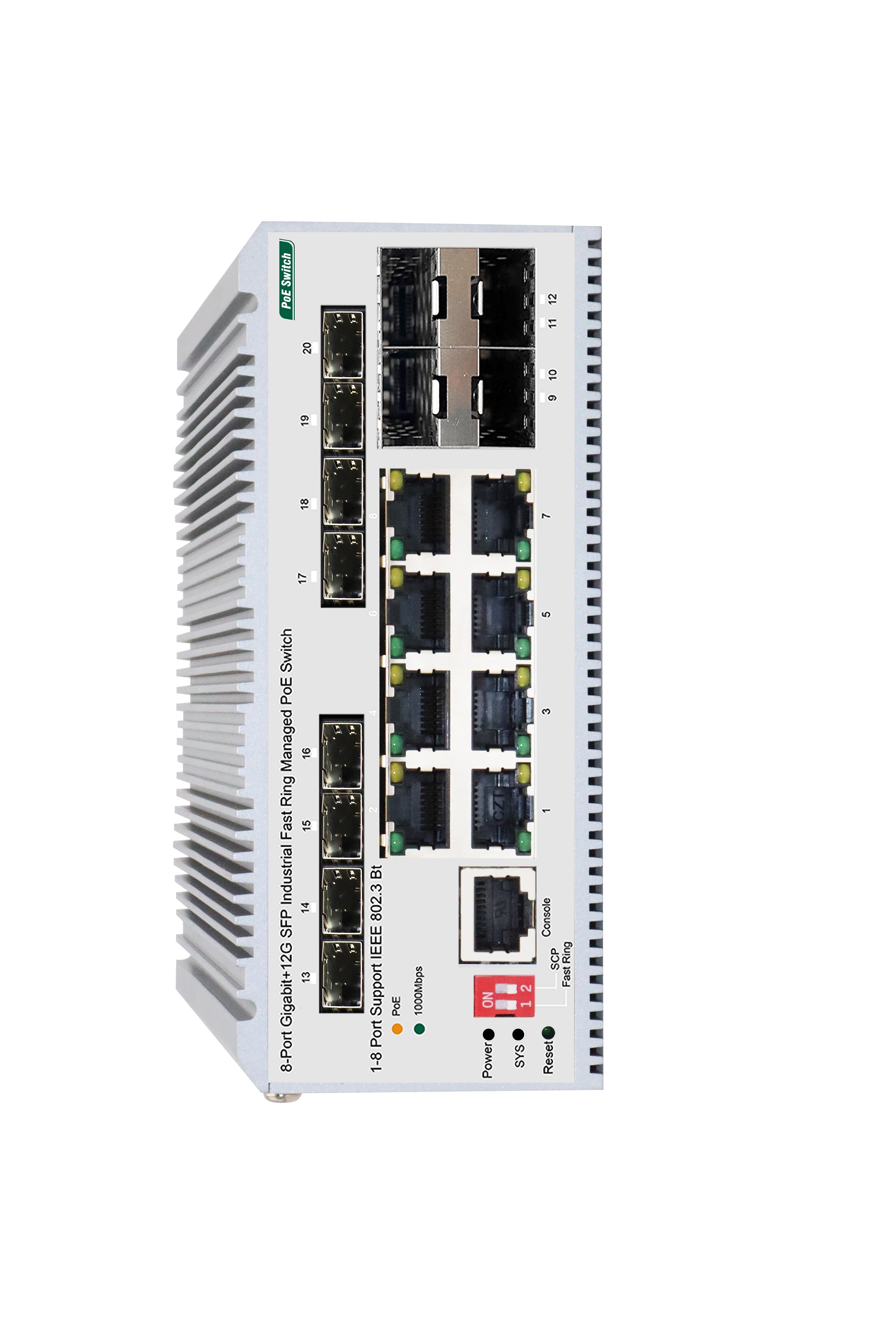 8-Port Gigabit +12G SFP Industrial Fast Ring Managed High PoE Switch(1-8 Port Support IEEE 802.3 Bt)