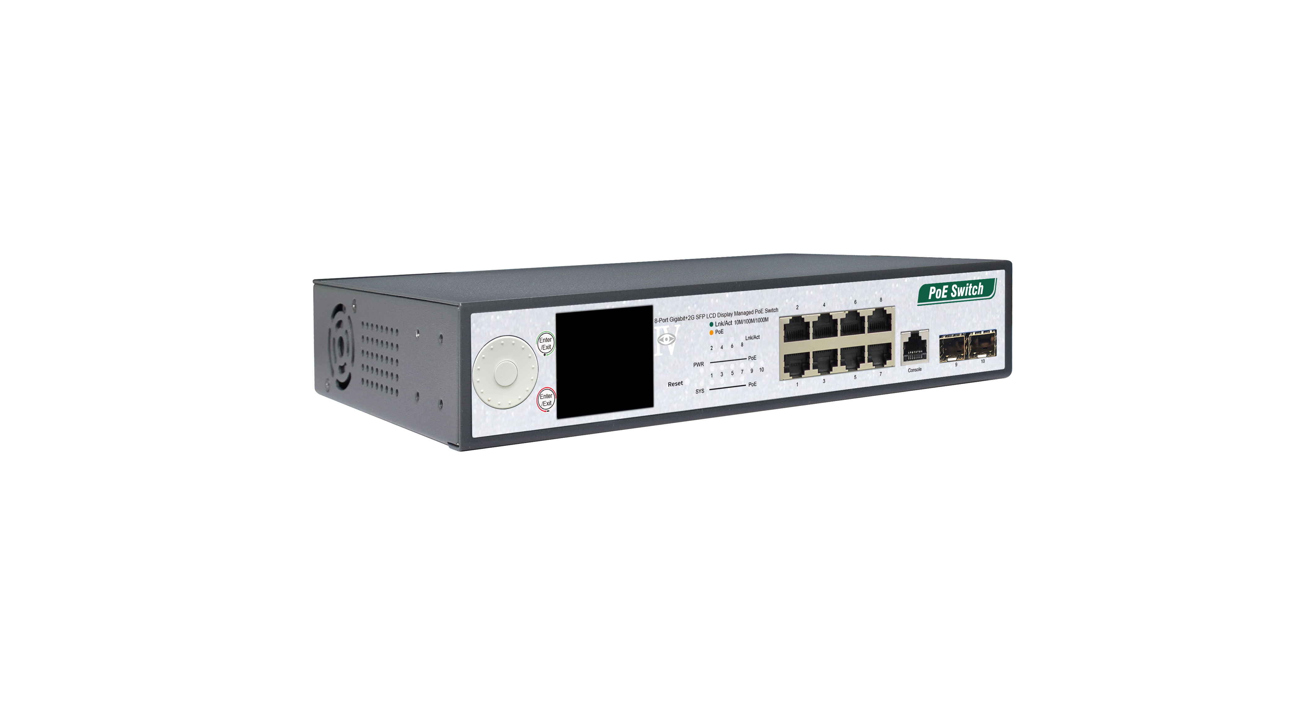 8-Port Gigabit+2G SFP+1Console LCD Display Managed PoE Switch（8-Port PoE，Support 802.3af/at Standard）
