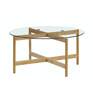 new design tempered glass coffee table round coffee table with oak legs for living room furniture