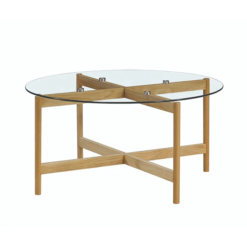 new design tempered glass coffee table round coffee table with oak legs for living room furniture