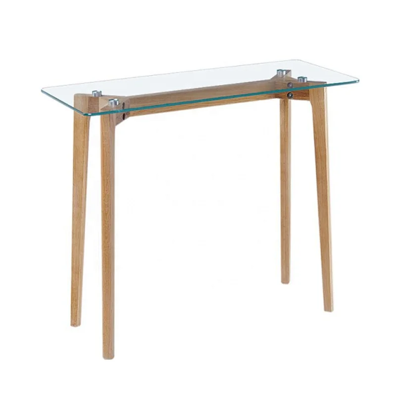 Hot sale new design console table tempered glass console table with oak legs for living room furniture