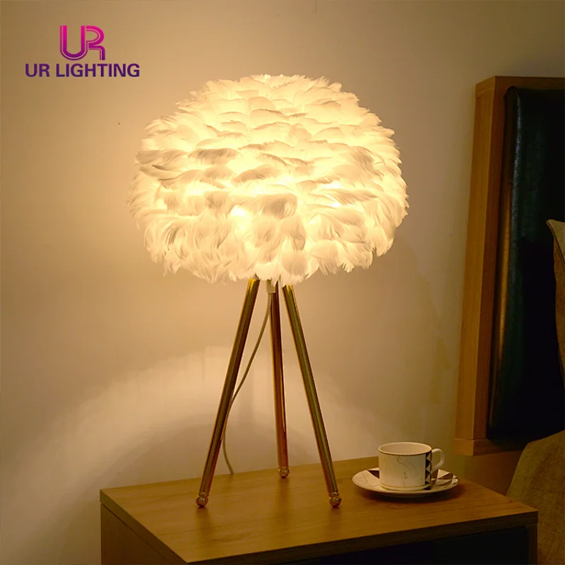 Luxury Design Home Goose Feather Night Decorative Tripod Standing LED Table Light