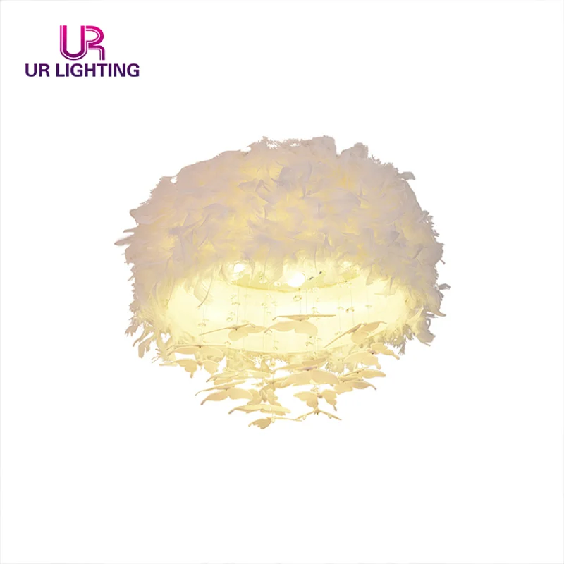 Fashion decorative white Goose feather girls bedroom dreamlike led ceiling light