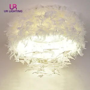 Fashion decorative white Goose feather girls bedroom dreamlike led ceiling light
