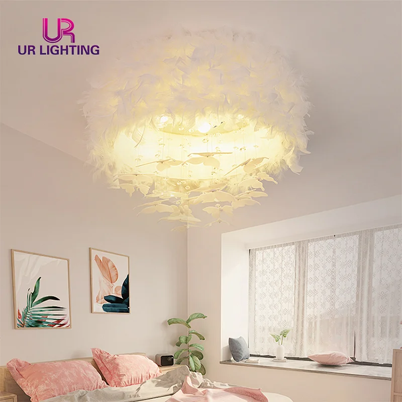 Fashion decorative white Goose feather girls bedroom dreamlike led ceiling light
