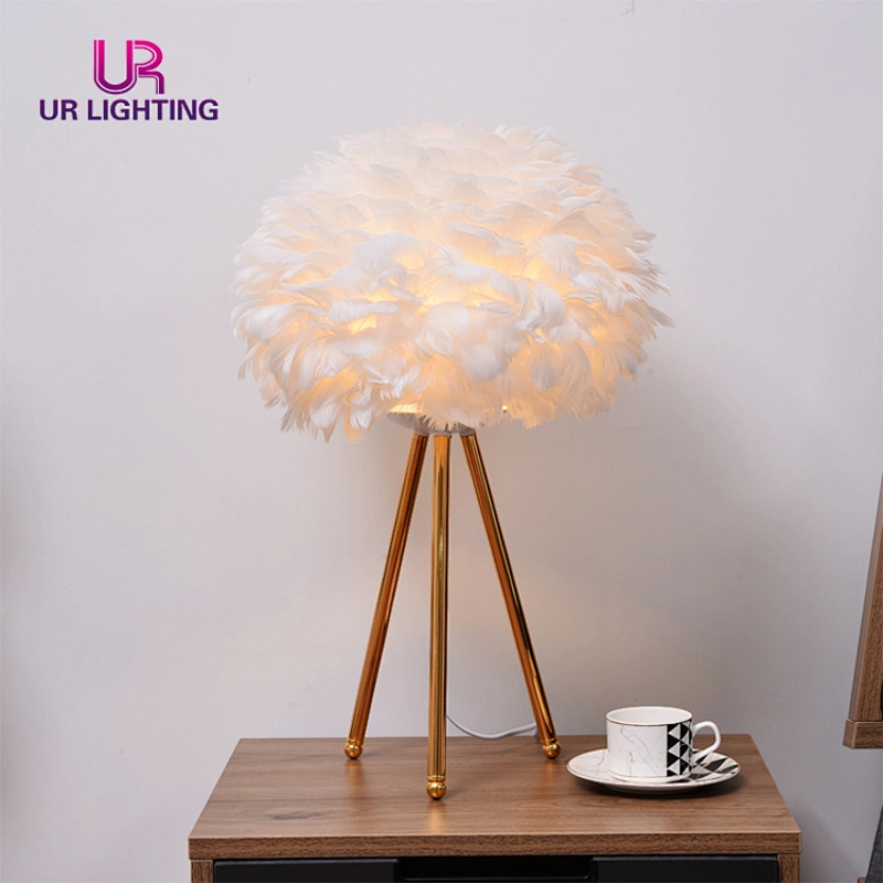 Luxury Design Home Goose Feather Night Decorative Tripod Standing LED Table Light