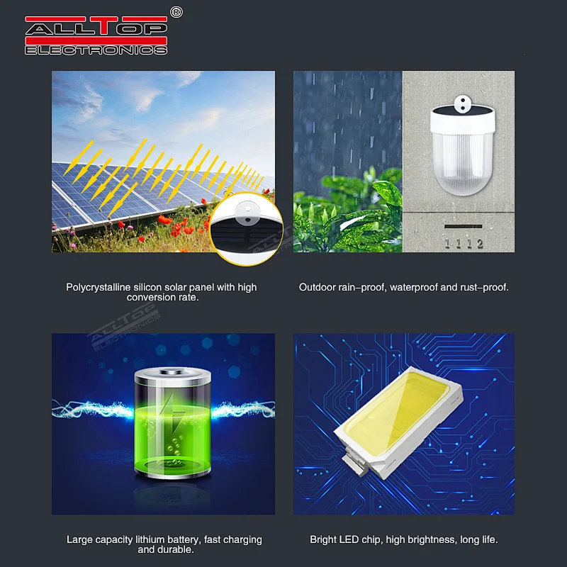 ALLTOP High performance energy saving IP65 waterproof 3w outdoor all in one led solar wall lamp